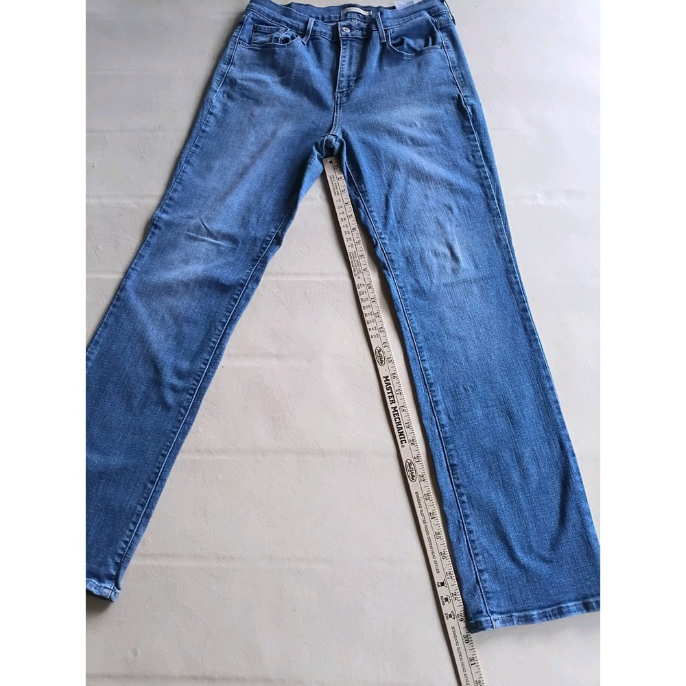 Levi's 505 Straight Jeans Women's Blue Wash Size 12 hi-Rise Stretch Denim tab